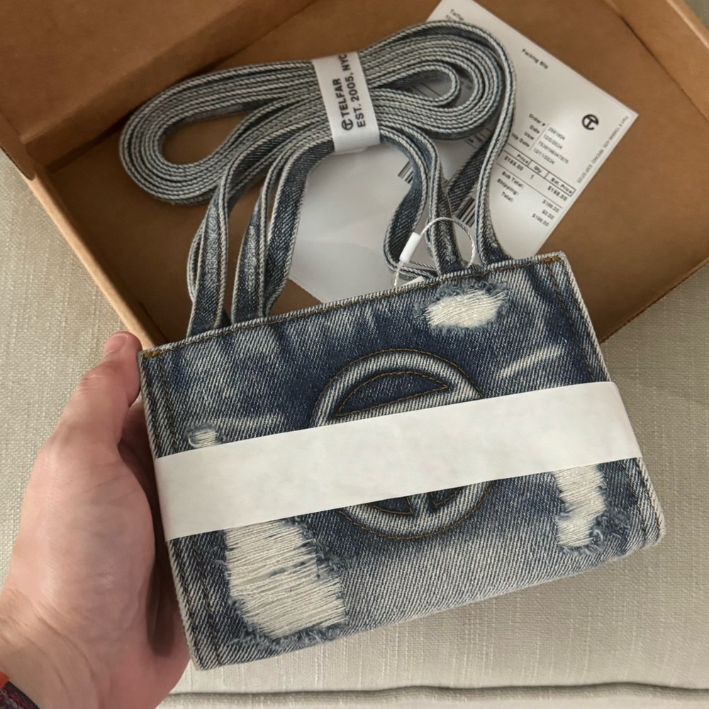 BNIB Telfar distressed denim blue shipper mini size